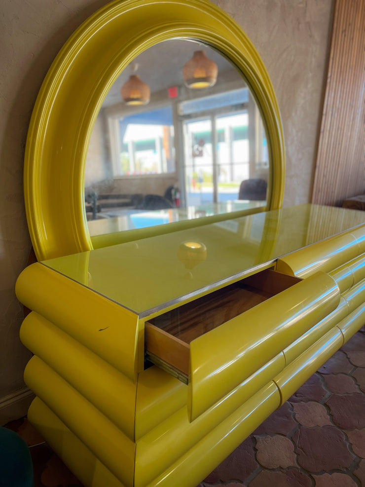 Vintage Yellow Bullnose Dresser & Mirror